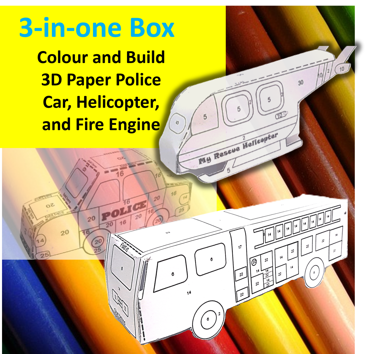 3-in-1 Box Fire Engine, Helicopter, and Police Car