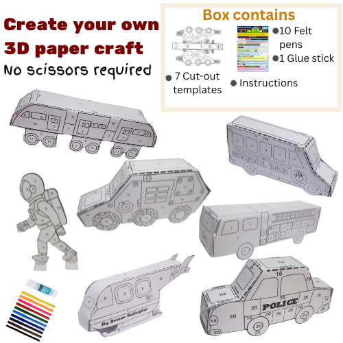 7-in-1 Box, Train, Fire Engine, Mars Rover, Police Car, Astronaut, Helicopter and School Bus