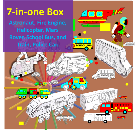 7-in-1 Box, Train, Fire Engine, Mars Rover, Police Car, Astronaut, Helicopter and School Bus