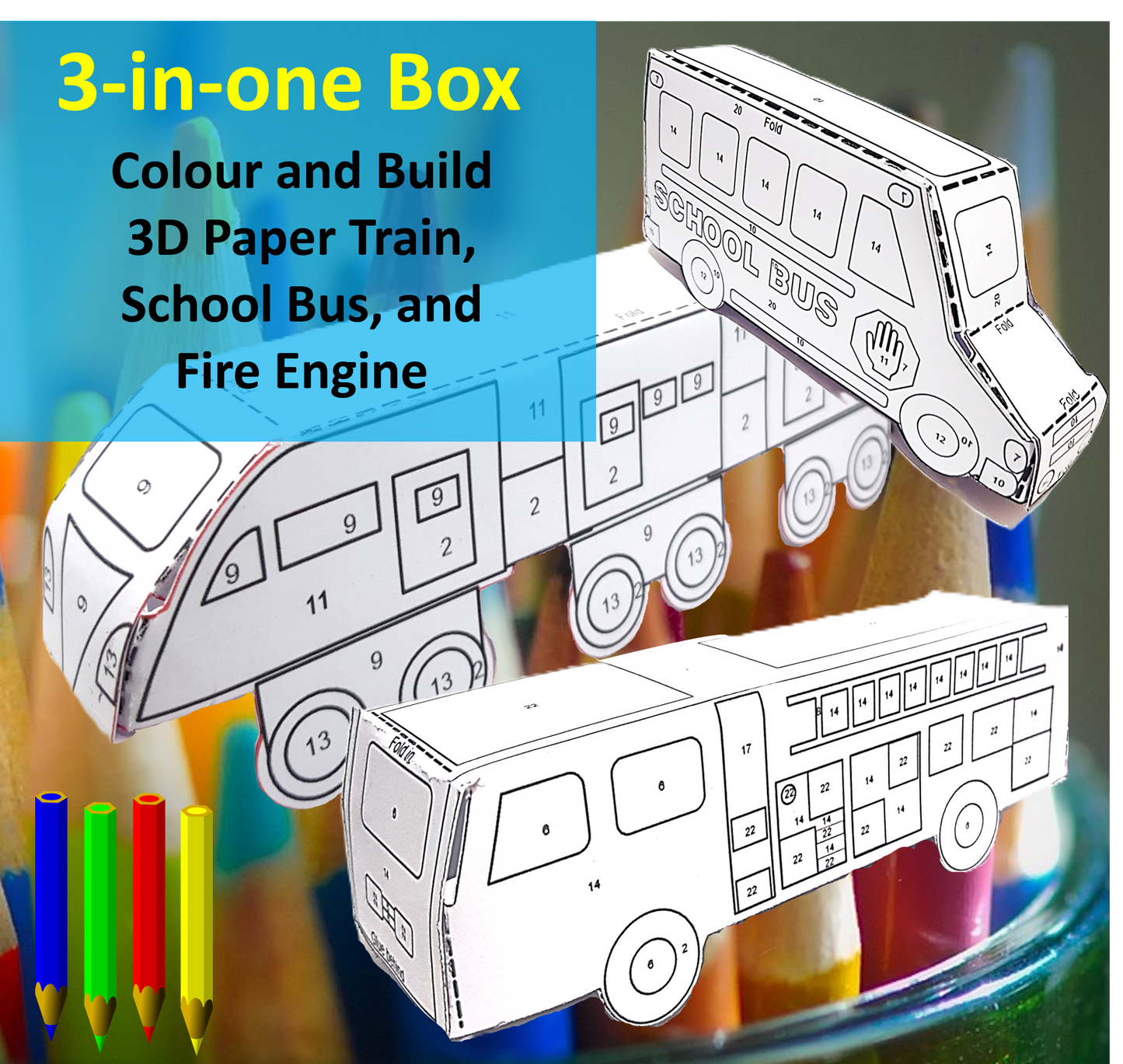 3-in-1 Box Fire Engine, School Bus, and Train