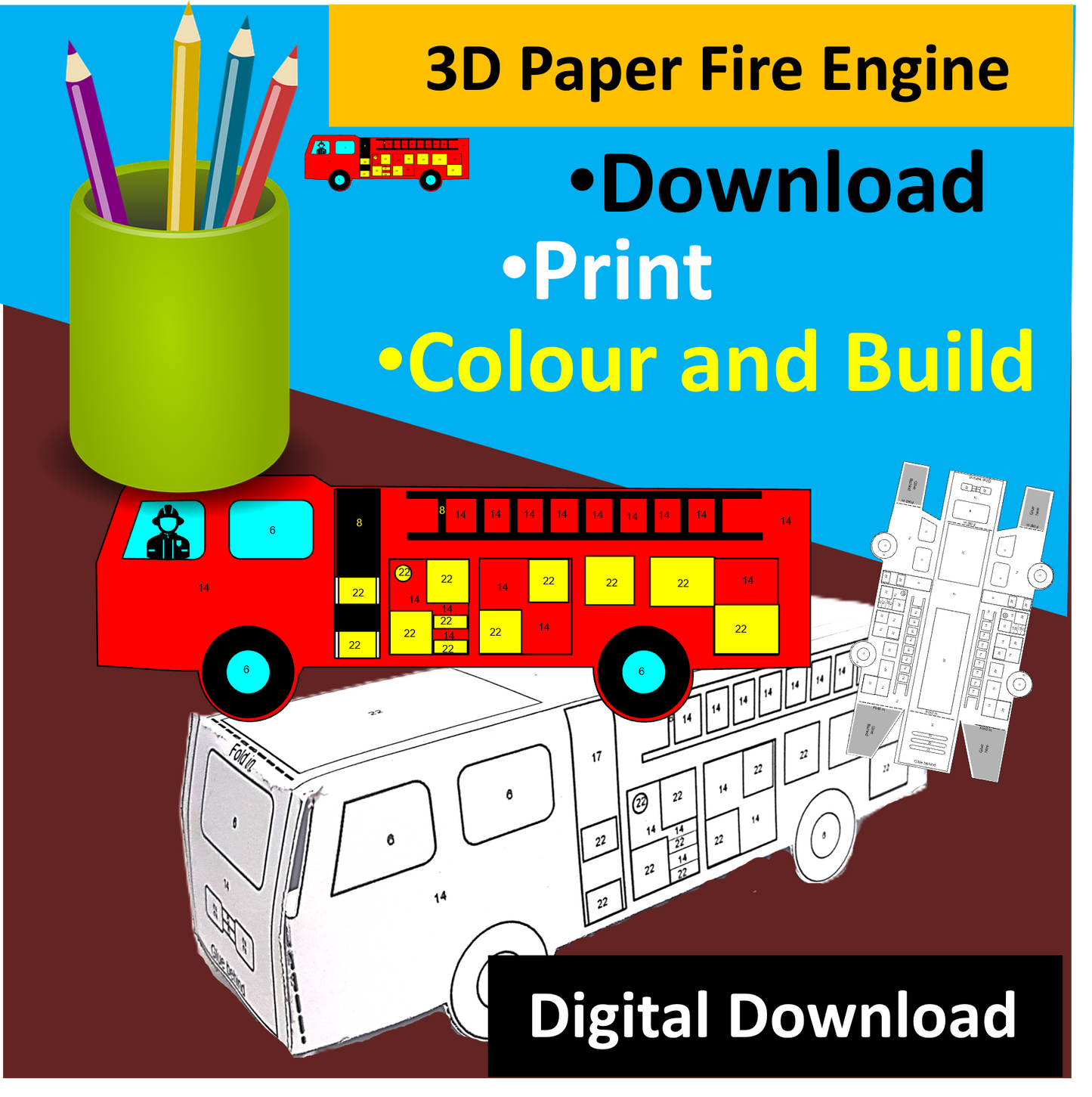 3D Paper Fire Engine -Digital Download